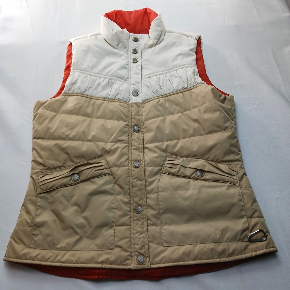 Ascend Womens Tan Cream Colorblock Quilted Puffer Vest Orange Lining Size Large